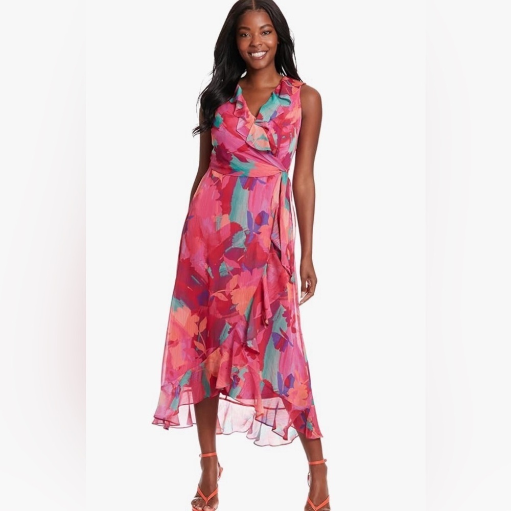 London Times Women's Sleeveless Ruffle Detail Faux Wrap Tie Midi Dress size 8
